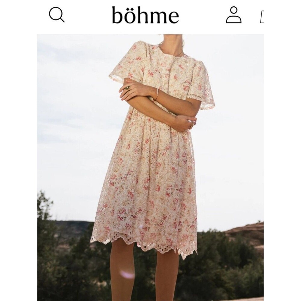 Bohme Renee Eyelet Lace Midi Dress S Cream Pink Floral Short Sleeve